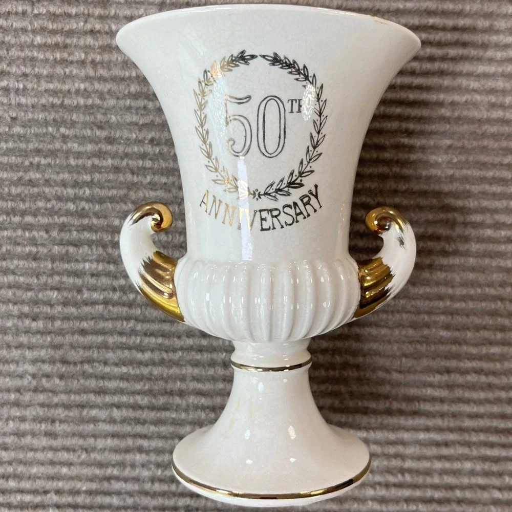 Lefton Japan 50th Anniversary Ceramic Trophy Vase Gold Trim Cream Urn Vintage